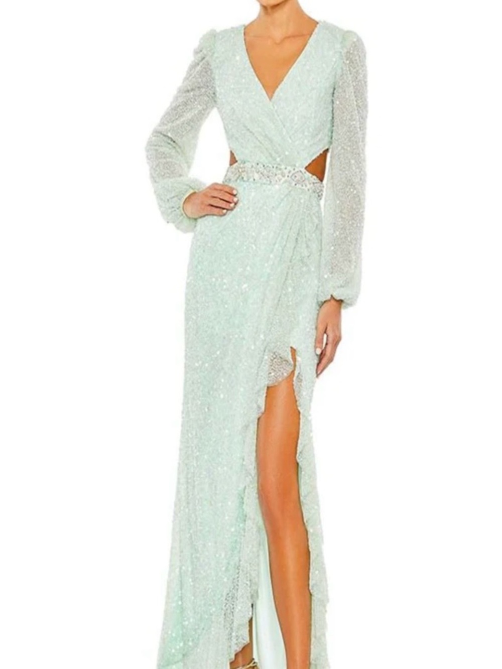 Mac Duggal Mint Green Sequin Wrap Gown with Long Sheer Sleeves